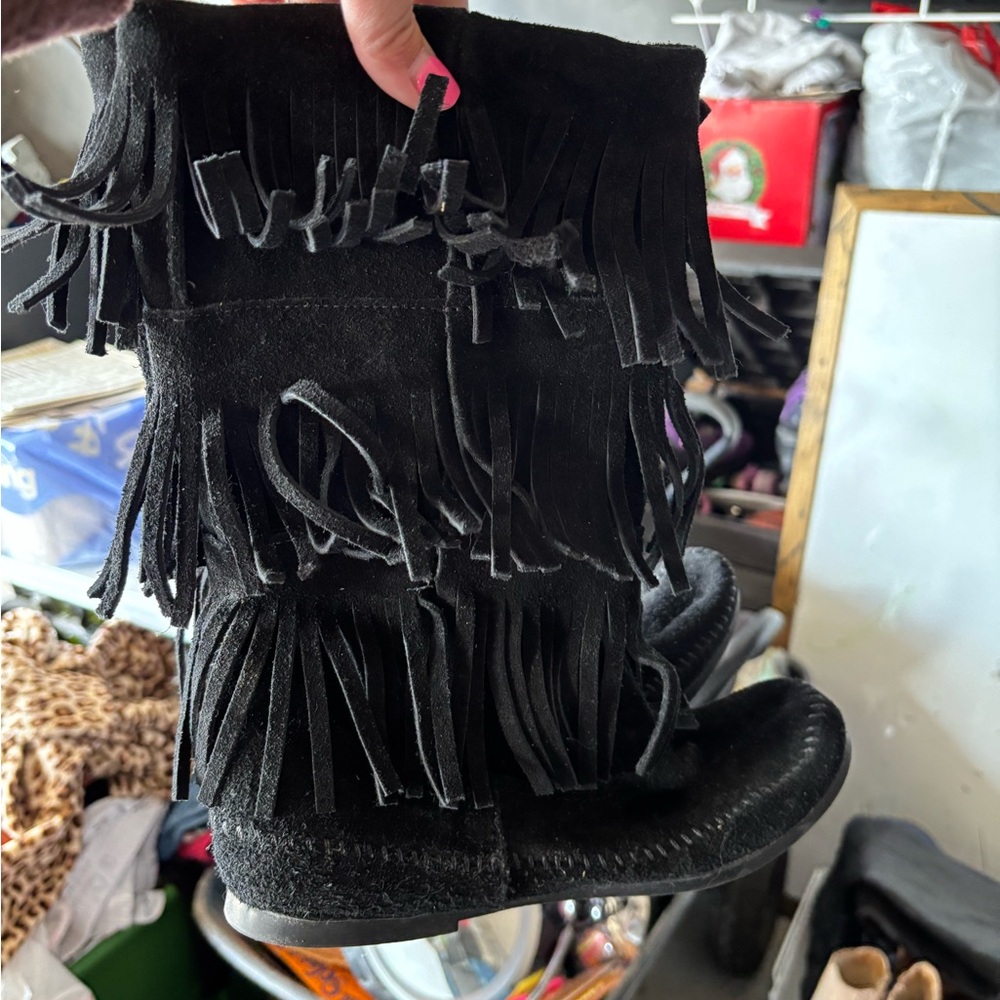 Minnetonka Black Fringe Moccasins